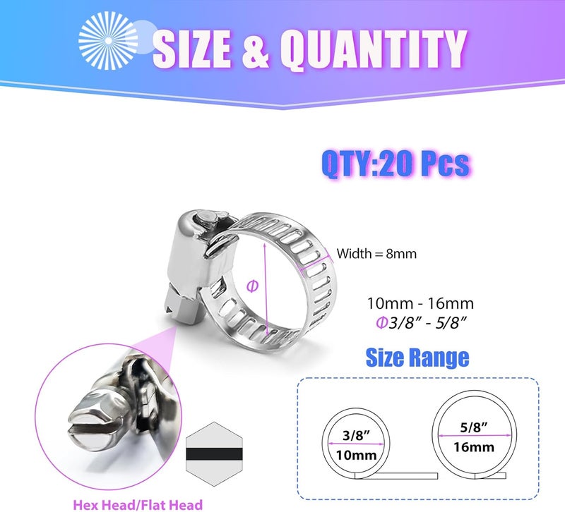 Duramedal 20 PCS Hose Clamp 3/8''–5/8'' Stainless Steel Hose Clamps Assortment Kit stainless steel hose clamps for Fuel Line, Plumbing, Automotive, Mechanical Applications, Tube, Garden - Image 2